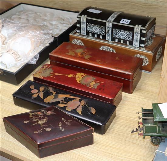 Four various lacquer boxes and two ivory etched mounted boxes